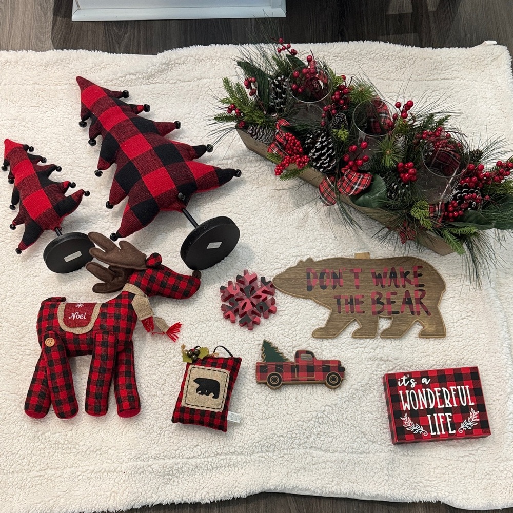 Plaid Holiday Decor Set with Red and Black Accents